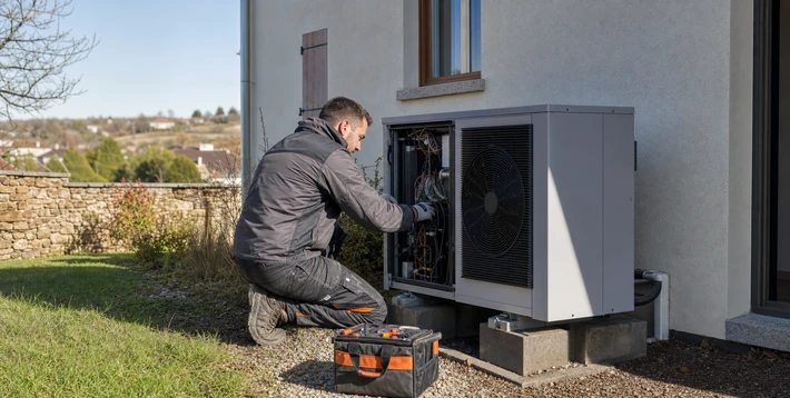 Technicien vérifiant une pompe à chaleur devant une maison pour illustrer le DPE 2026 et le chauffage performant