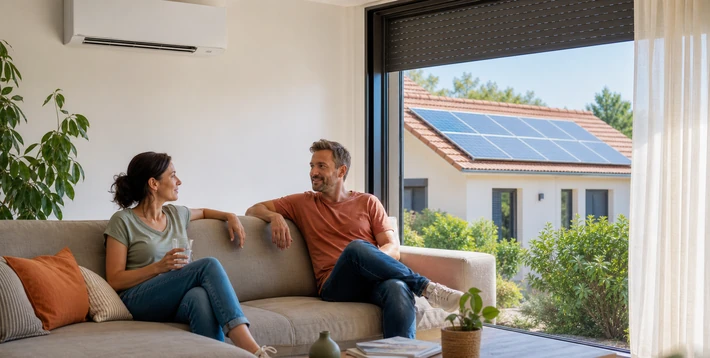 Salon confortable avec climatisation reversible et panneaux solaires pour le confort d ete