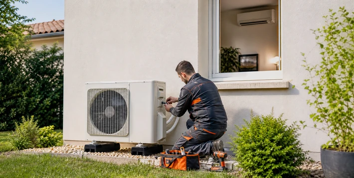 Technicien installant une pompe a chaleur air air reversible devant une maison