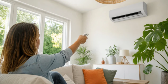 Climatisation reversible murale dans un salon lumineux avec telecommande