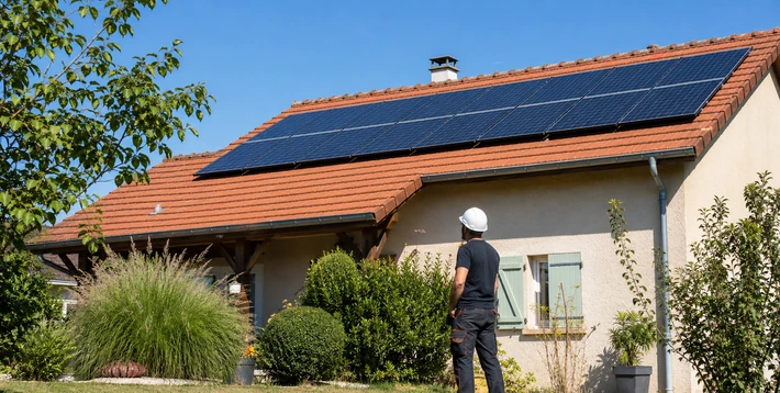 Panneaux photovoltaiques sur une maison individuelle en ete avec technicien