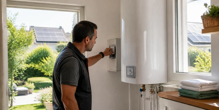 Technicien reglant un chauffe eau avec panneaux solaires visibles en arriere plan