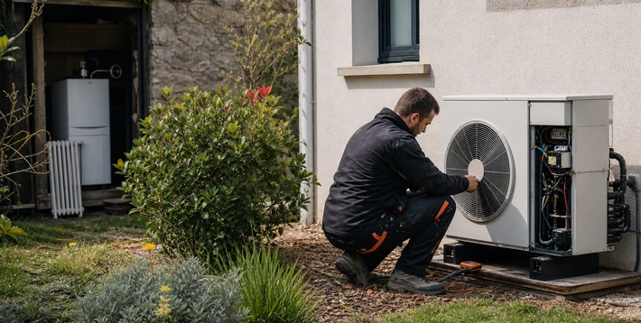 Technicien installant une pompe a chaleur lors d une renovation energetique en maison individuelle